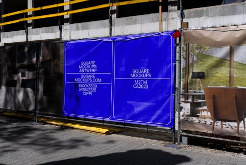 Blue construction site banners displaying square mockups advertising, high-resolution dimensions for digital design, Antwerp, mockups category.